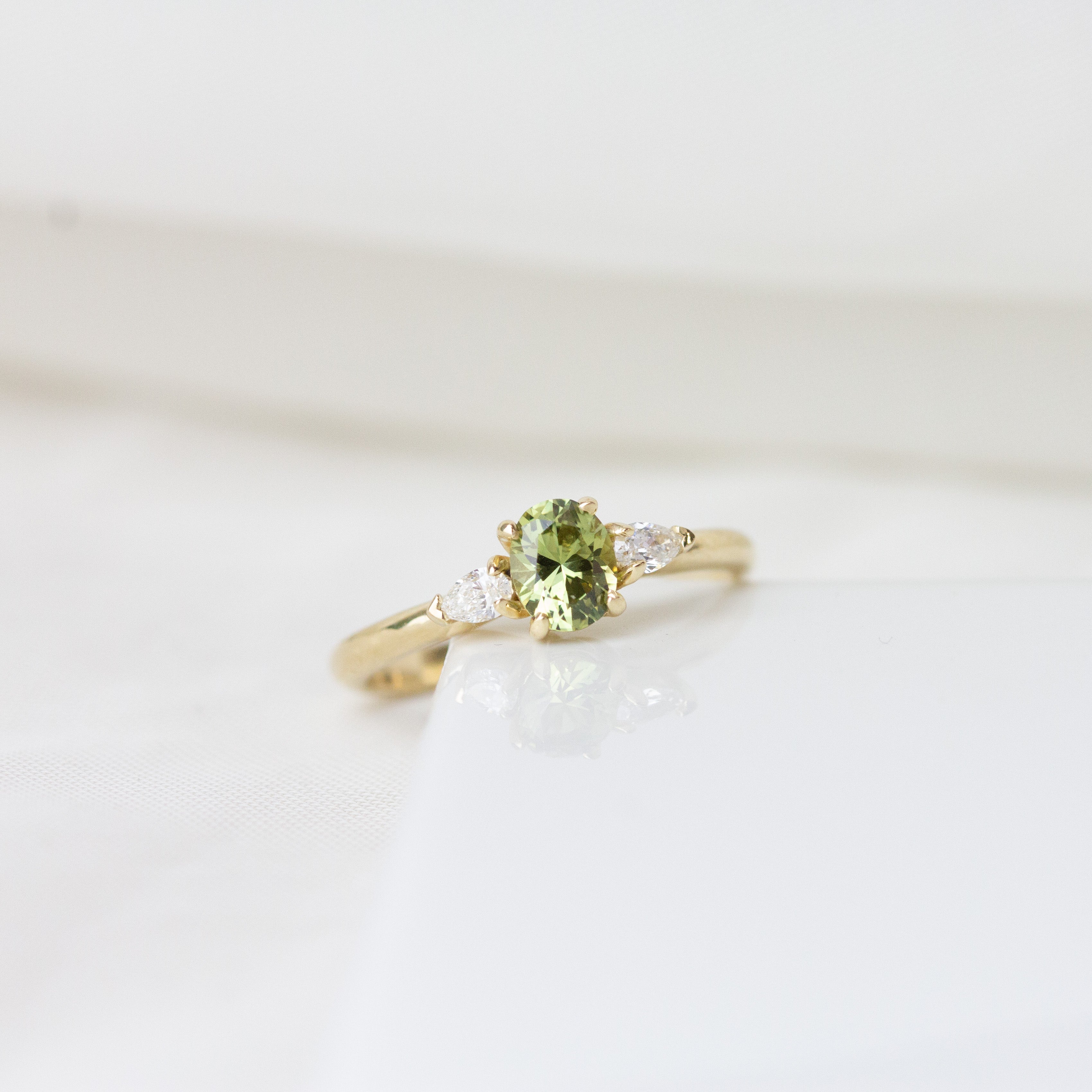Green Australian Sapphire Engagement Ring in 9ct Yellow Gold made by Jane Finch Jewellery