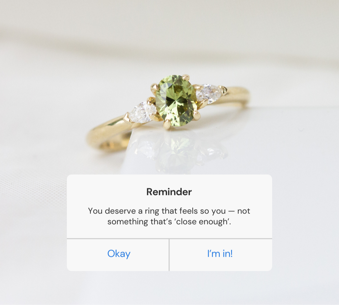 Green Australian Sapphire Engagement Ring in 9ct Yellow Gold made by Jane Finch Jewellery