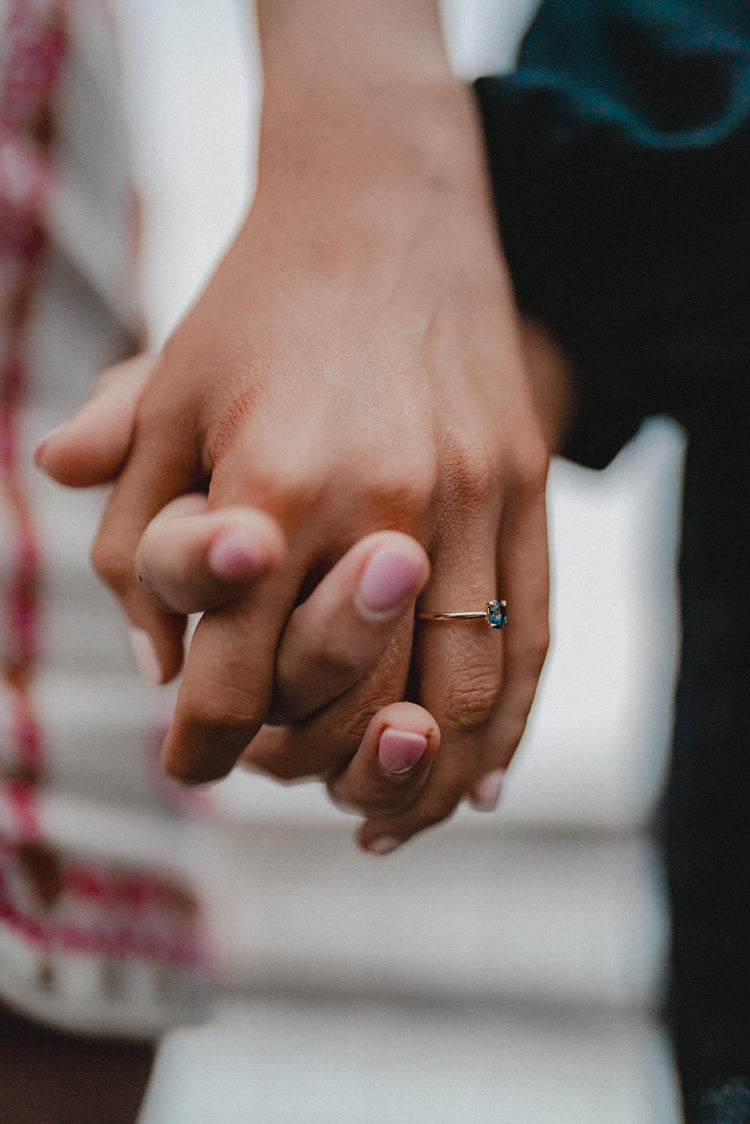 Allira potter and her fiance Imogen with their Jane Finch Sapphire Engagement Ring