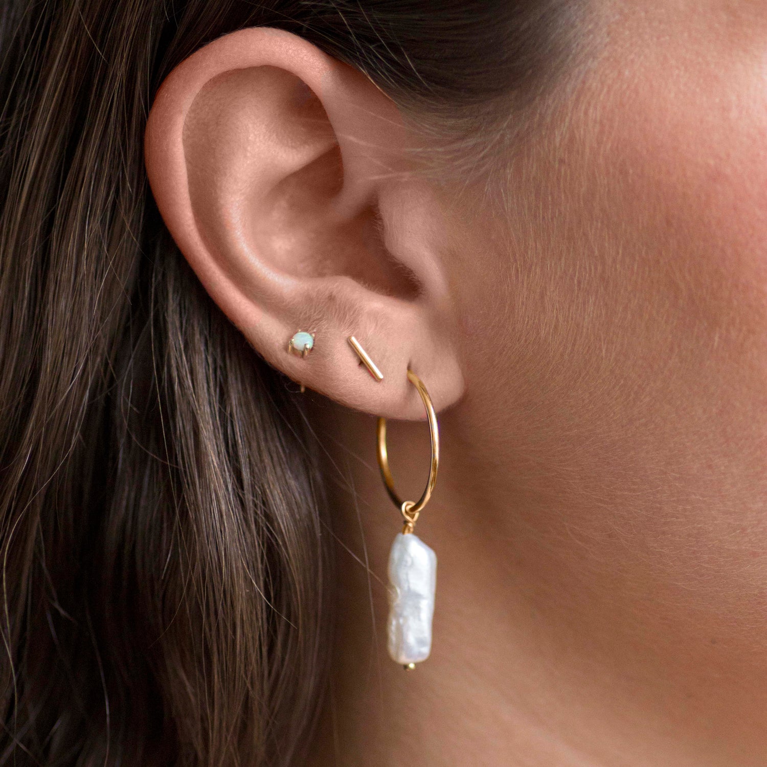 Umi gold pearl hoop, australian opal stud, bar stud in yellow gold by jane finch jewellery